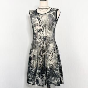 Fairycore Sheer Lace Dress with bold floral and botanical motifs white and black